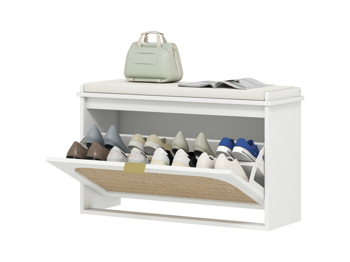 Banco Sapatos Com Assento Estofado E Gaveta, Porta De Vime, 80x26x47,5cm, Branco