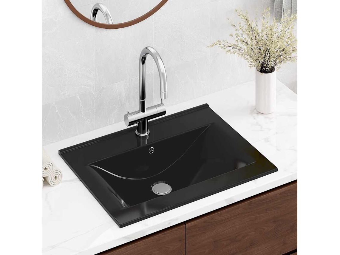 Vidaxl Lavatório Cerâmico Retang. Luxososo Preto Furo Torneira 60x46cm