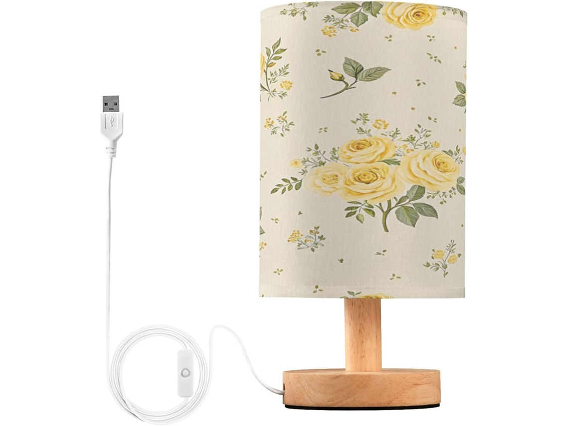 Abajur De Cabeceira Floral Amarelo Para Quarto, Com Portas De Carregamento Usb C, Luminária De Mesa Cabeceira, Luminária