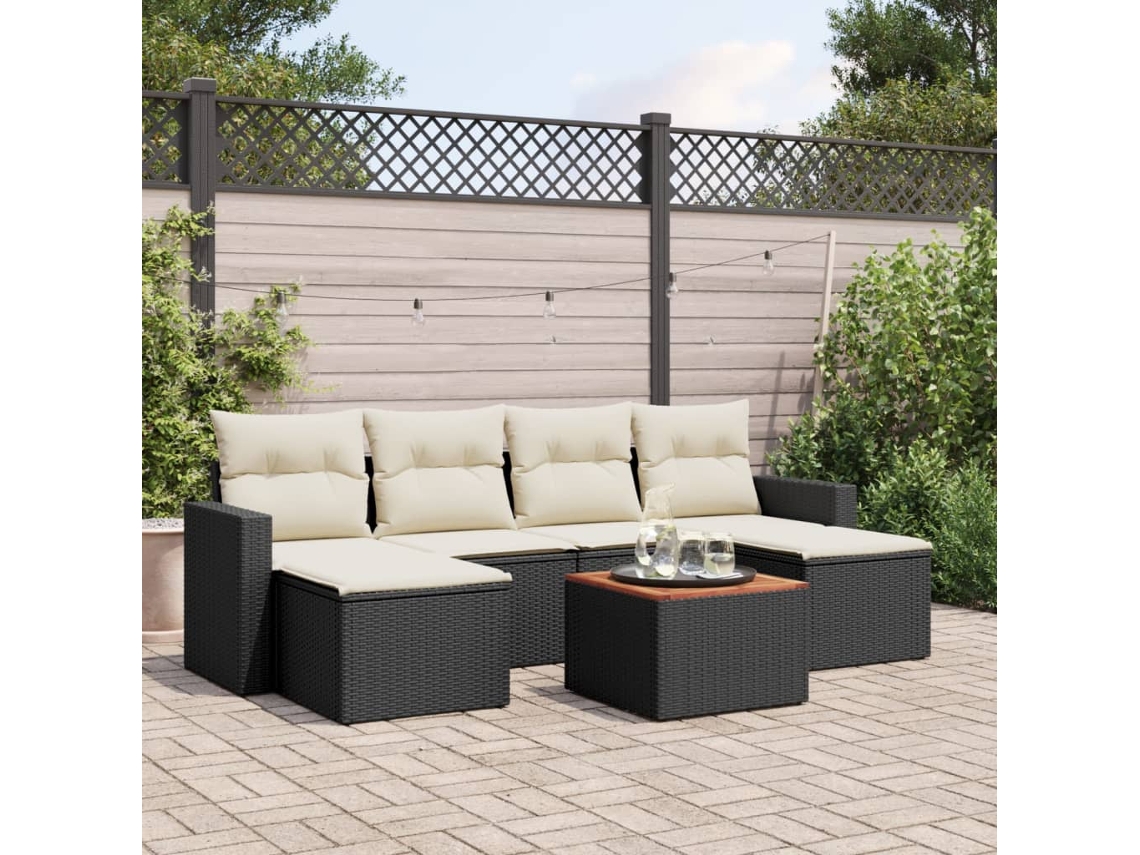 7 Pcs Conjunto De Sofás P/ Jardim C/ Almofadões Vime Pe Preto Dkd Home Decor