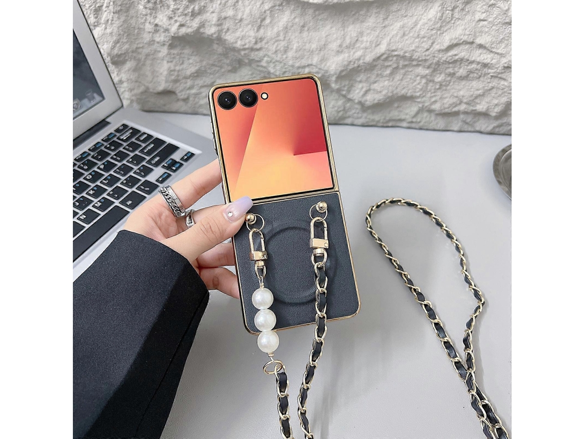 Capa Magnética Com Alça De Ombro E Textura Napa Para Samsung Galaxy Z Flip7 5g, Capa Traseira De Pc Com Tpu E Pu, Preta