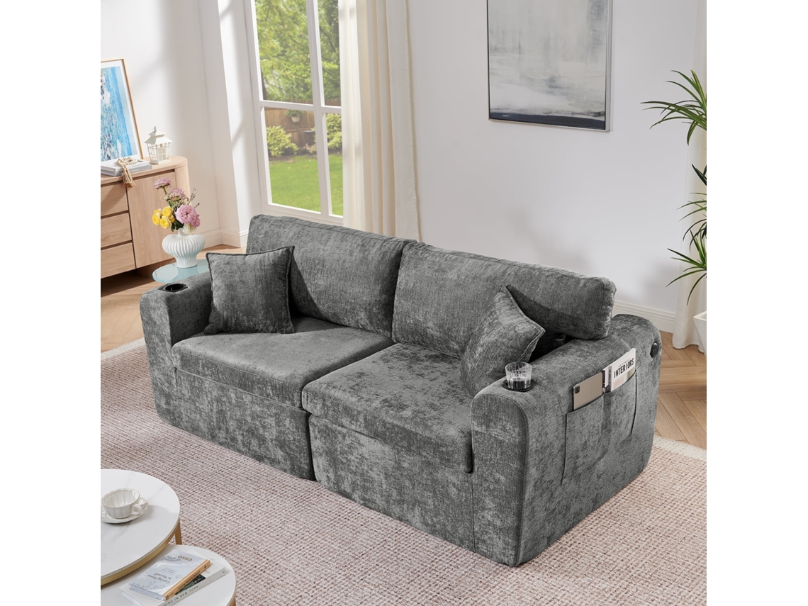 Sofá Relax 2 Lugares Chenille Macio, Bolso Lateral, Porta copos e Almofadas, Espaços Pequenos Sala/escritório/quarto Cinza NOVELA