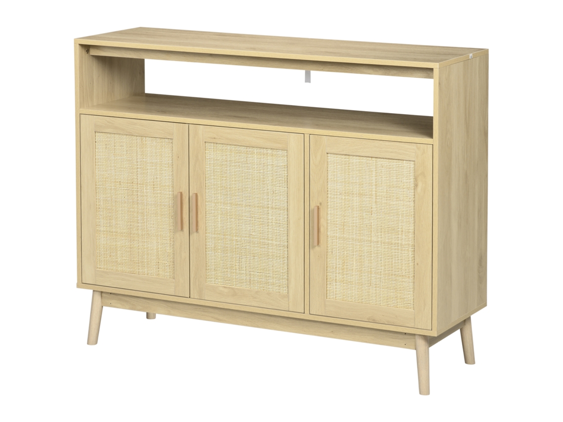 Aparador com 3 portas de vime, prateleiras ajustáveis, pés de madeira, 120x40x97 cm S/MARCA