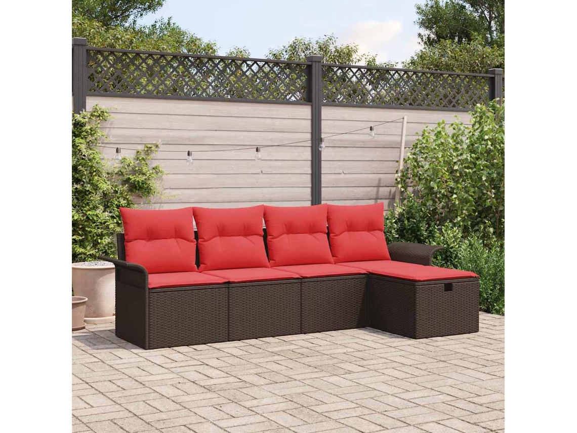 Vidaxl Conjunto De Sofá De Jardim 5 Unid. Marrom E Vermelho Vime Pe