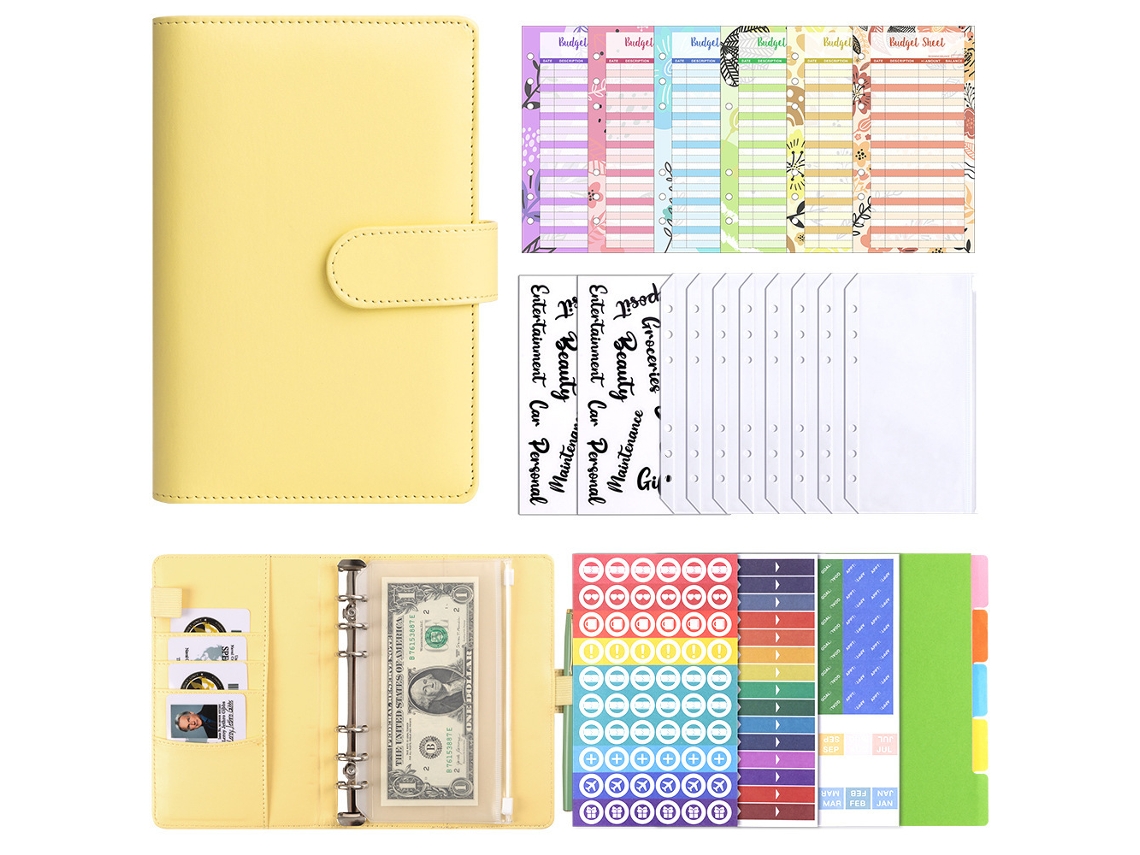 A6 Pu Leather Budget Binder Macaron Style, Yellow, Includes 12-cash Envelopes, 8-bill Pockets, 2-english Stickers, 1 A6