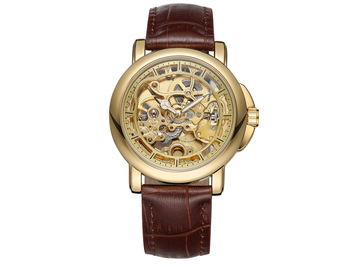 Relógio Automático Mecânico Masculino de Moda com Pulseira de Couro Pu Marrom Dourado