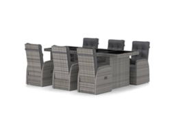 Conjunto 7 jantar exterior com almofadões VIDAXL vime PE cinzento