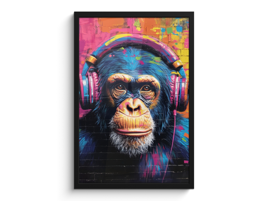 Poster Emoldurado Graffiti - Chimpanzé - Arte De Rua - Auscultadores - Macaco 40x60 Cm