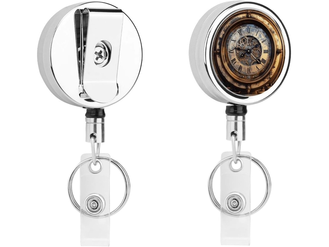 Porta Crachá Retrátil Steampunk Com Relógio, Moderno E Durável, Em Metal, Com Cordão De Nylon De 68cm, Ideal Para