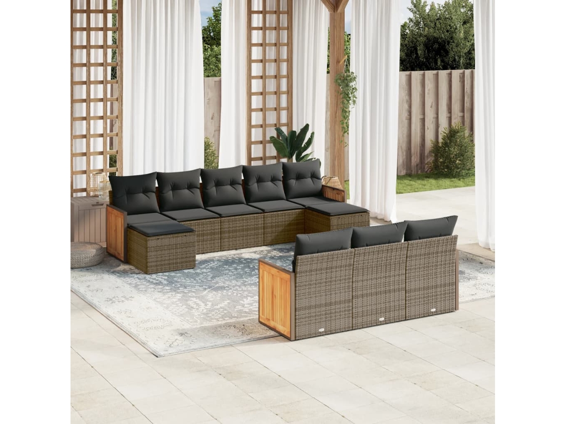 Vidaxl 10 Pcs Conjunto Sofás De Jardim C/ Almofadões Vime Pe Cinzento