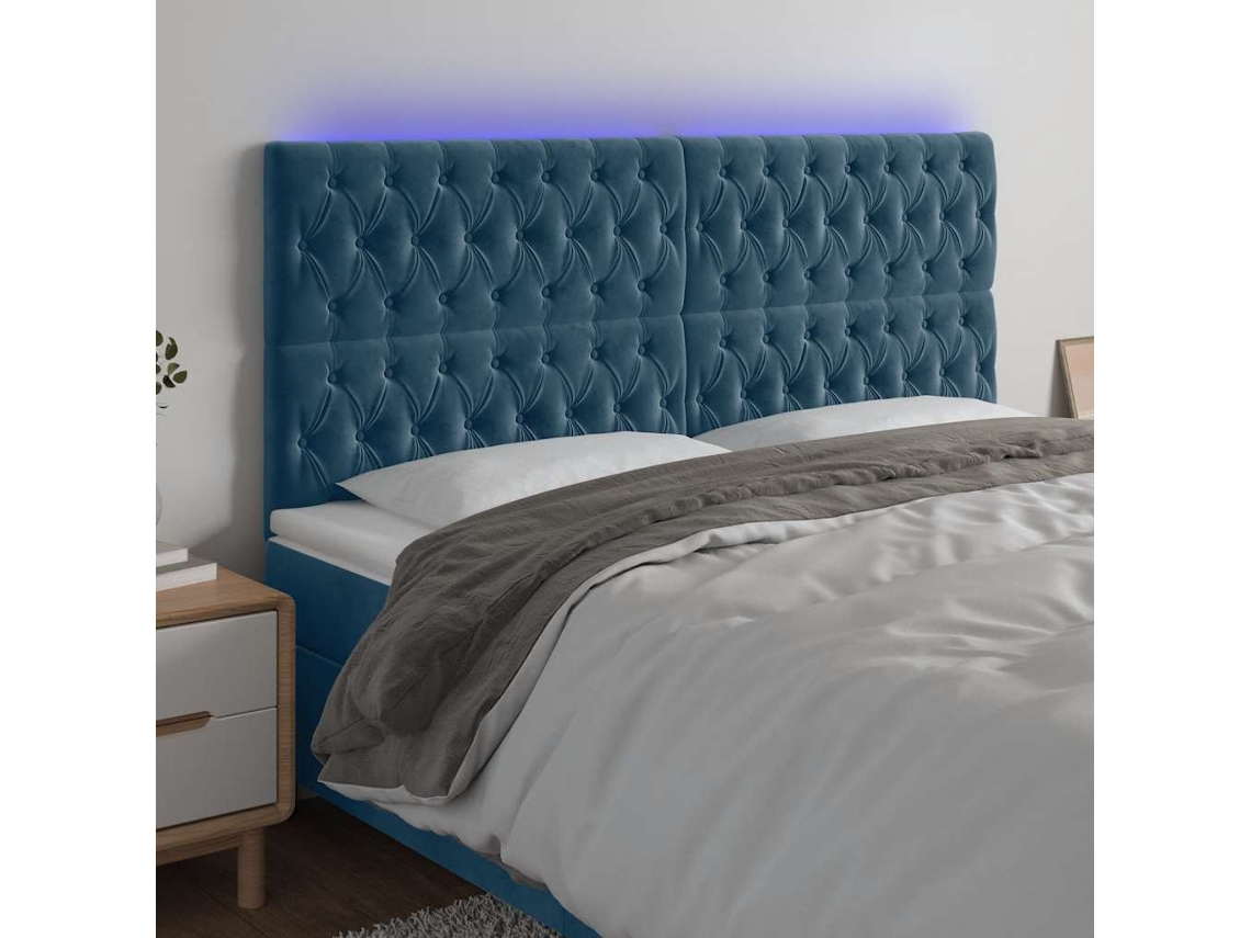Cabeceira | Painel De Cama Cama C/ Luzes Led Veludo 200x7x118/128cm Azul-escuro
