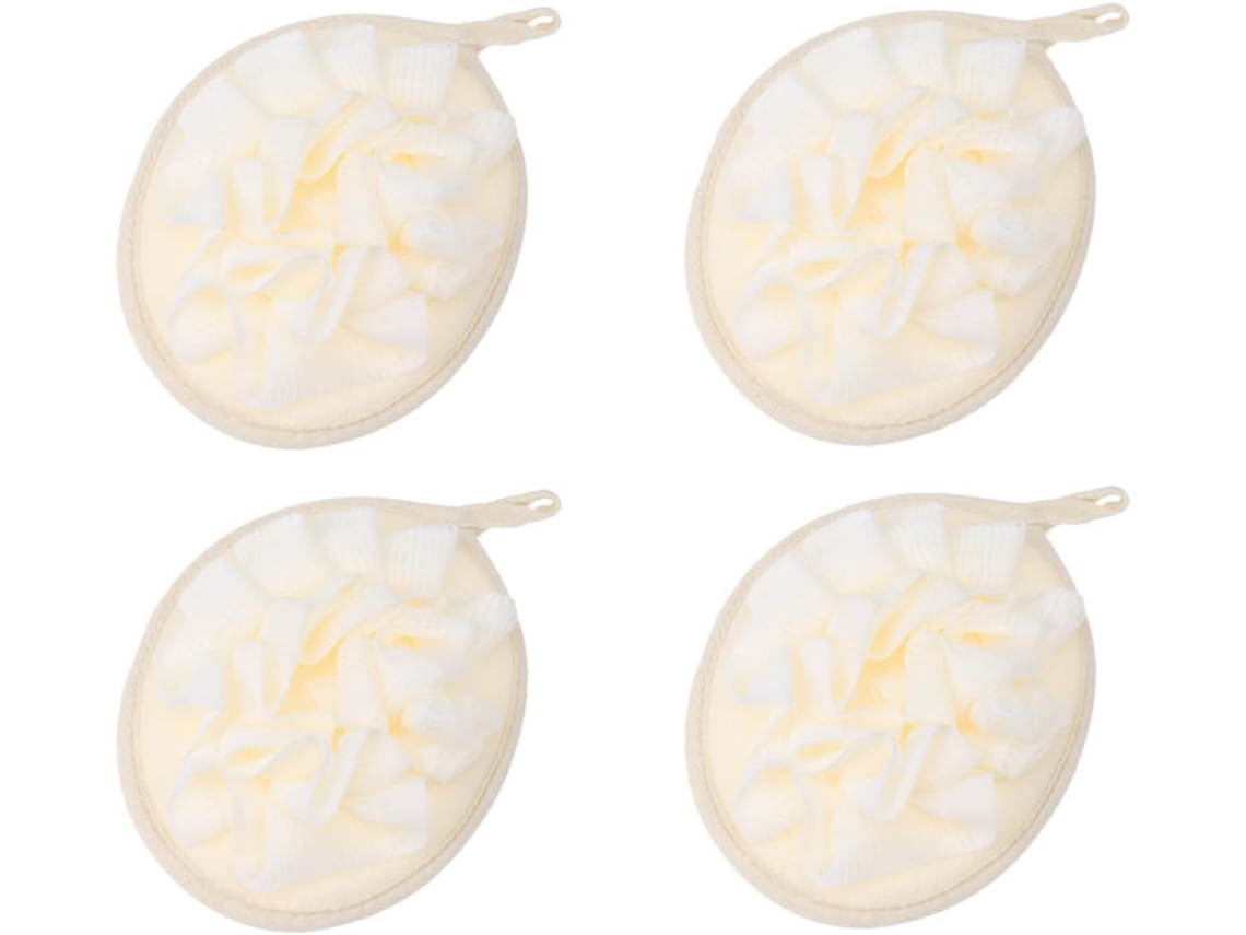 Conjunto de 4 flores de banho bege com cordão PE e esponja esfoliante de espuma rica.
