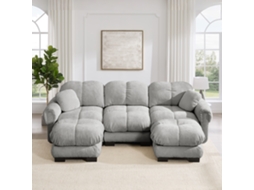 Sofá 3 Lugares Em Forma De U, Estofado Em Chenille, Design Acolchoado, Assentos Espessos, Cinza Claro