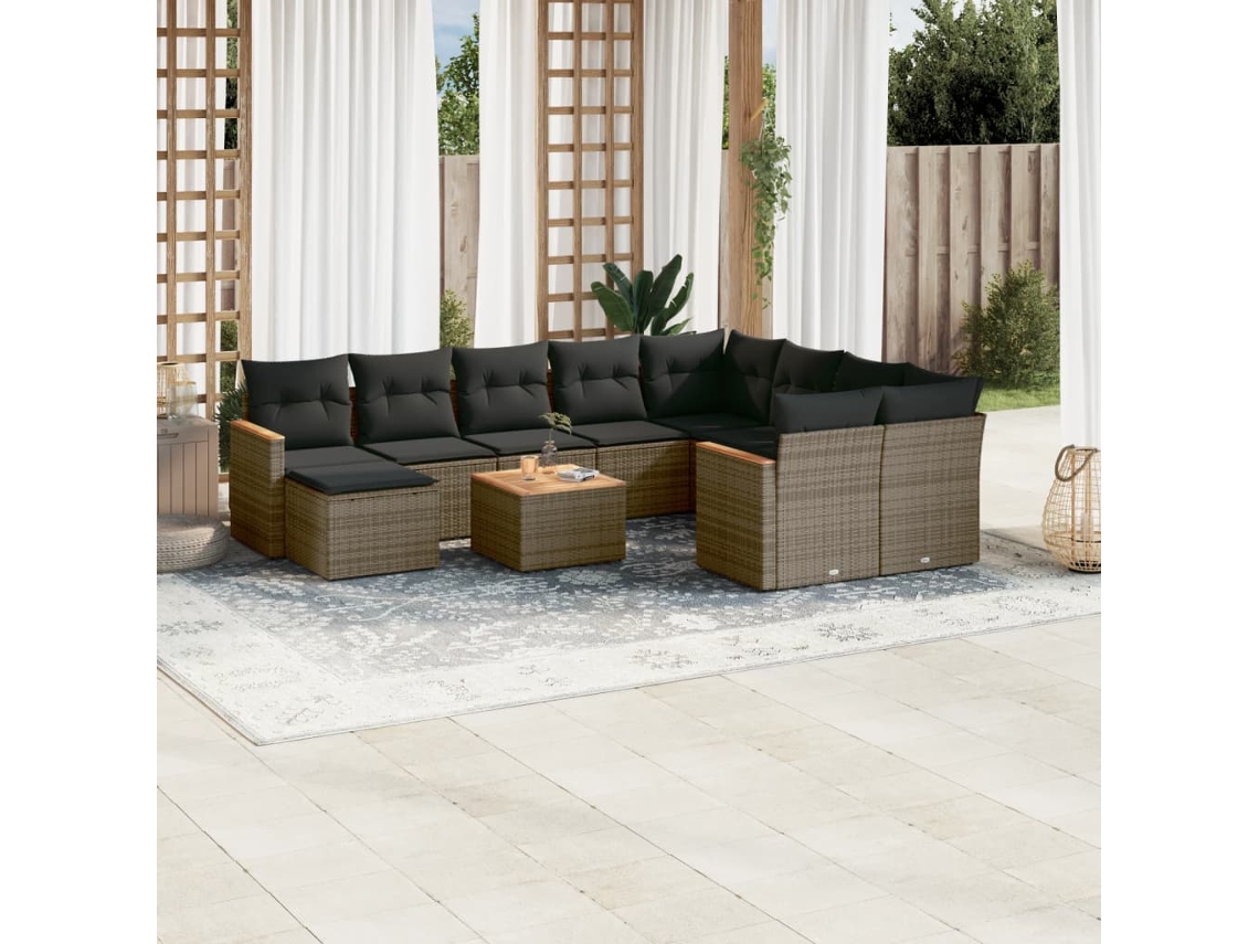 Vidaxl 11 Pcs Conjunto Sofás De Jardim C/ Almofadões Vime Pe Cinzento