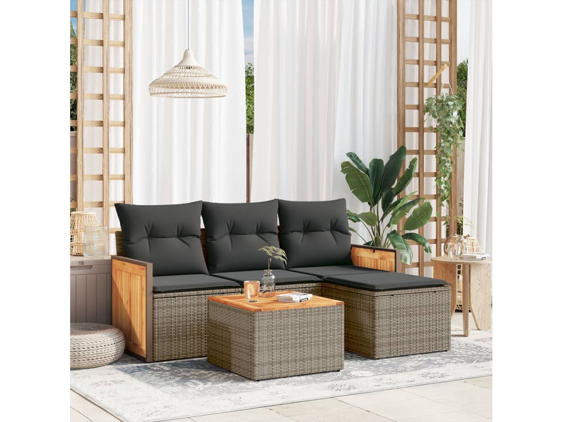 Vidaxl 5 Pcs Conjunto Sofás De Jardim C/ Almofadões Vime Pe Cinzento