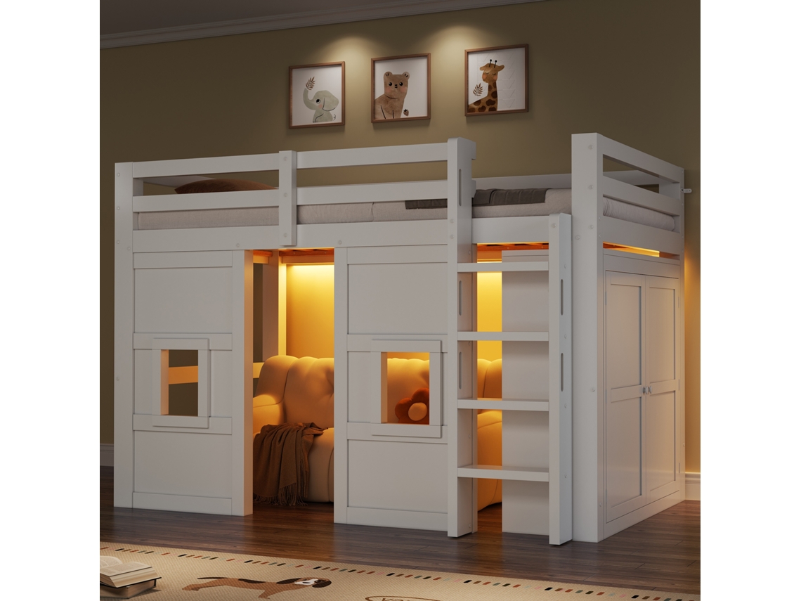 Cama Alta Madeira 90x200 Cm Com Armário Janelas E Iluminação Led Branca