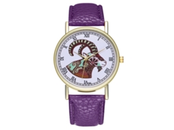 Relógio de quartzo unissex com pulseira de couro PU, mostrador moderno com estampa de cabra, cor roxa casual.