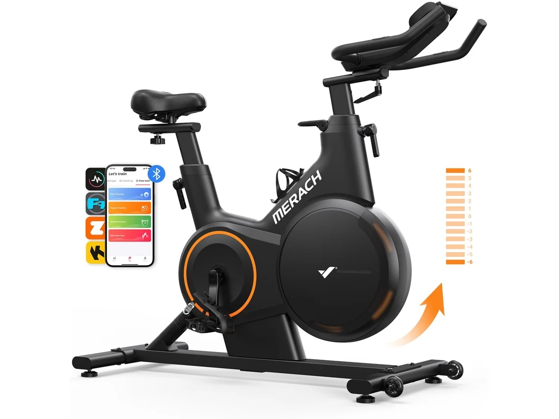 Bicicleta Estática MERACH, 16 Níveis Resistência Magnética, Inclinação ±6%, Volante 10 kg, LCD, Bluetooth APP, Assento Ajustável, 158kg, Silenciosa