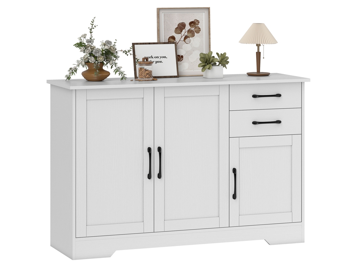 Aparador Funcional Com 3 Portas, 2 Gavetas E Prateleira Ajustável, 120x38x79cm, Branco
