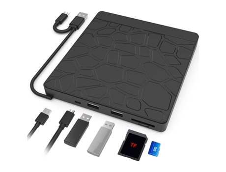 CP W3C Gravador / Leitor Externo Usb / Usb-C 3.0 Cd / Dvd com Leitor de Cartão 5 em 1 Cabo Alimentação Preto