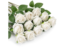 12 Rosas Artificiais, Flores de Flanela Falsas com Haste Longa e Botões de Rosa AQUAFORGE (brancas)