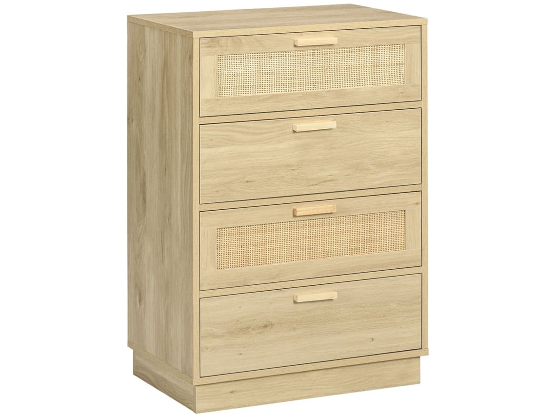 Cómoda com 4 Gavetas Melamina de Madeira e Vime Cor Cor de Madeira Natural 60x38x88,5 cm Homcom