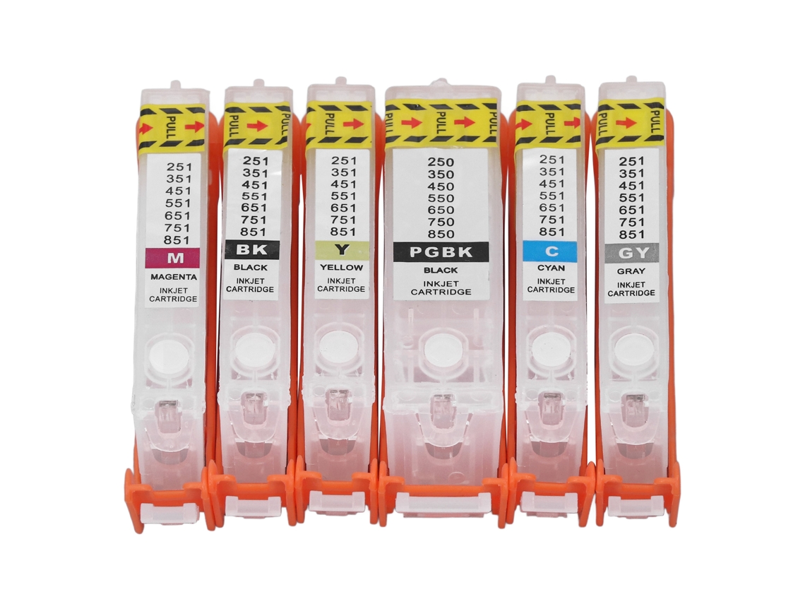 6pcs Conjunto de Cartuchos de Tinta Reutilizáveis Pgbk Bk C M Y Gy S/MARCA com Material Pp e Saída Suave