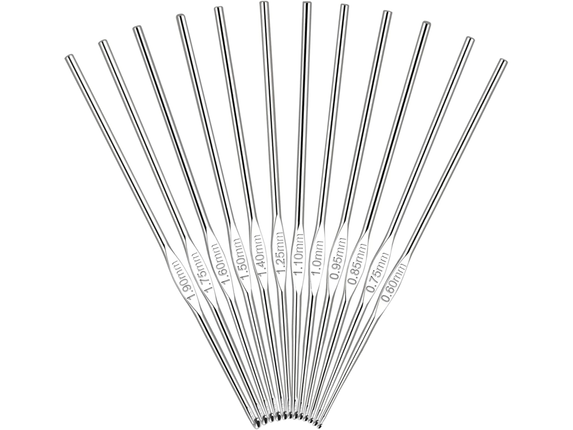 Pacote com 12 agulhas de crochê pequenas Slowmoose (0,6 mm, 0,75 mm, 0,85 mm e 0,9 mm)