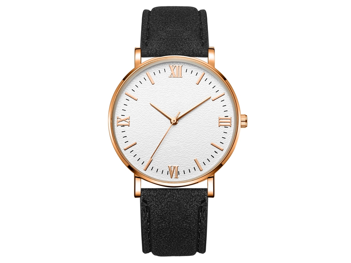 Reloj De Pulsera Mecánico De Cuarzo (correa Negra Caja Oro Rosa Esfera Blanca Manecillas Oro Rosa)