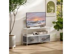 Suporte para TV com prateleira e 2 gavetas dobráveis em tecido para TVs de até 47 polegadas e 98 cm de comprimento, nas cores branco e cinza.