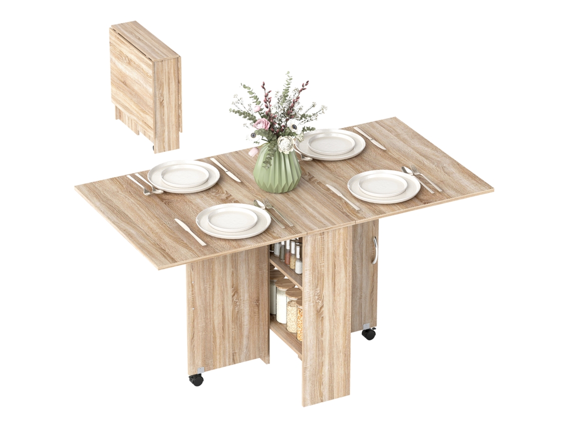 Mesa dobrável com 2 abas para 6 pessoas, com prateleiras e rodízios em madeira natural BTFORUS