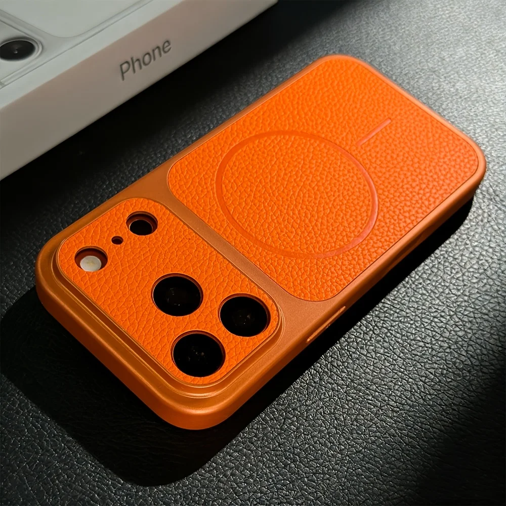 Capa Magnética Para Celular (iphone 17 Pro Laranja), Compatível Com Magsafe E Carregamento Sem Fio Em Couro Sintético.