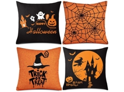 2026 fundas de Almohada de Halloween de Lino 4 Piezas 45x45 Cm Laranja e Preto com Designs Únicos