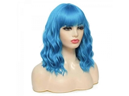 Peruca Azul-escura Curta E Cacheada De 35 Cm (14 Polegadas) Para Mulheres E Meninas, Peruca Sintética Azul Com Franja, Touca De Peruca Inclusa.