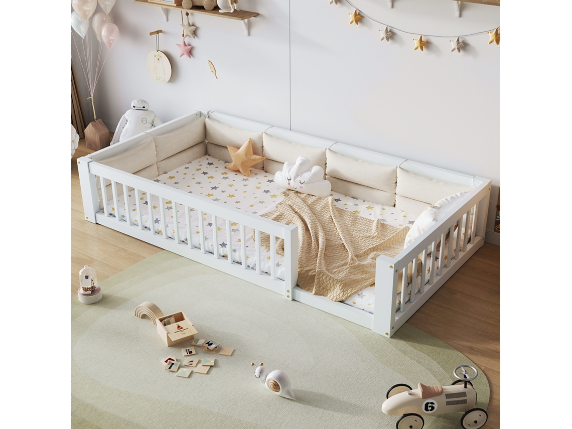 Cama Plataforma 90x200 Branca Grades Laterais Estofada