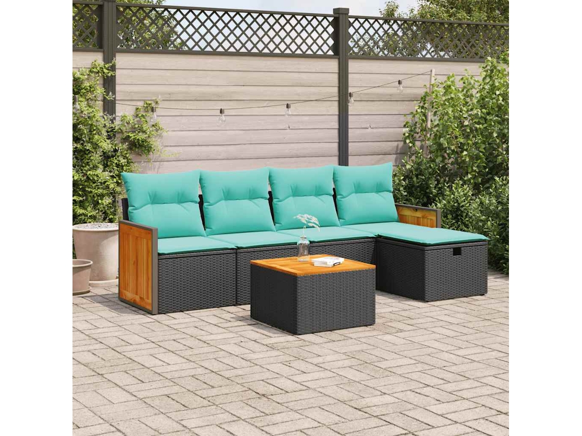 Vidaxl 6 Pcs Conjunto Sofás De Jardim C/ Almofadões Vime Pe Preto