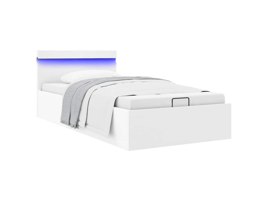 Cama Hidráulica C/ Arrumação Led 90x200cm Couro Artifi. Branco