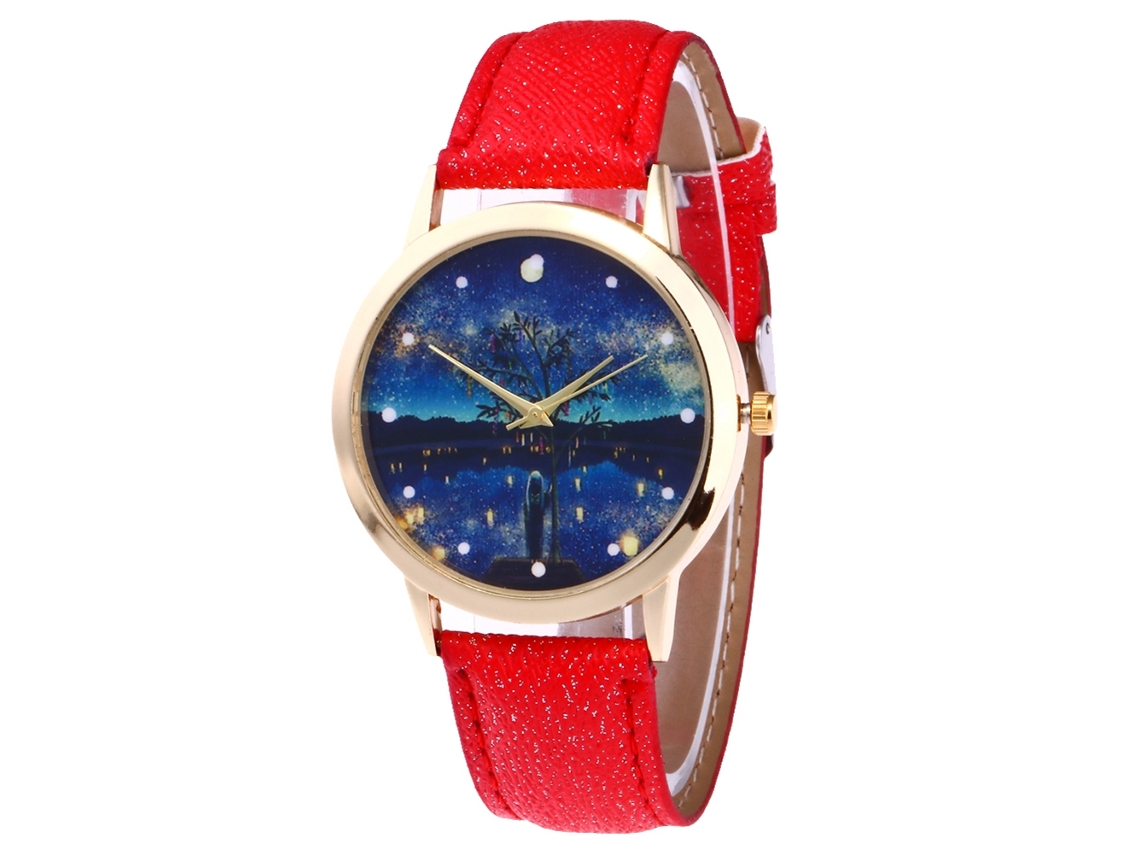 Relógio de quartzo com mostrador redondo moderno e pulseira de couro PU para casais (vermelho)