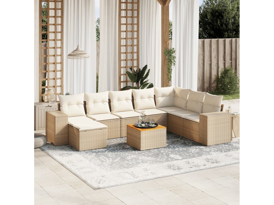 Vidaxl 9 Pcs Conjunto De Sofás P/ Jardim Com Almofadões Vime Pe Bege