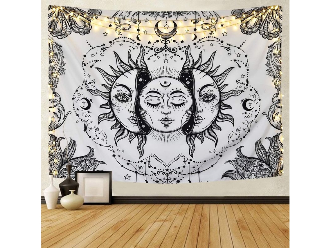 Tapete de Parede Tarot Mandala Índio Boêmio Psicodélico Sol Lua Preto e Branco | S/MARCA