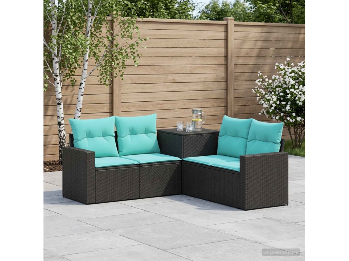 Vidaxl Conjunto De Sofás 5 Unid. Preto E Azul Rattan Poliéster E Aço