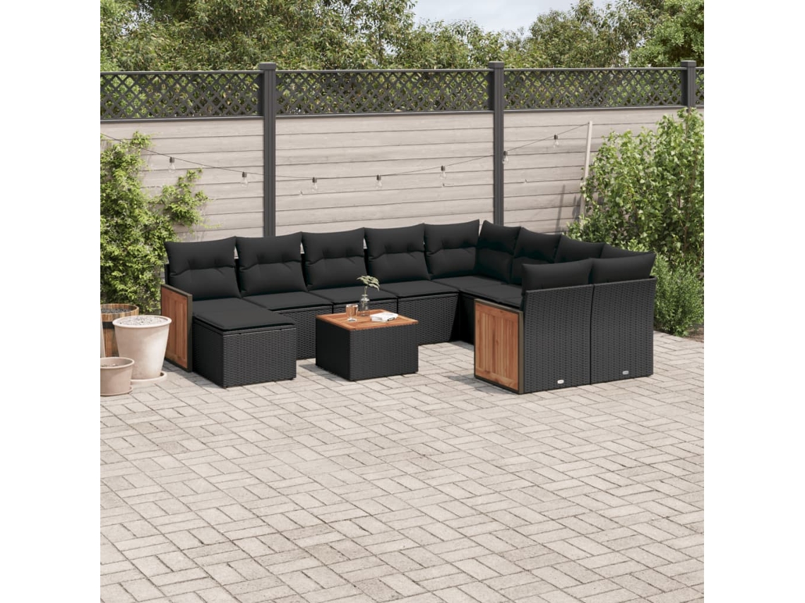 Vidaxl 11 Pcs Conjunto Sofás De Jardim C/ Almofadões Vime Pe Preto