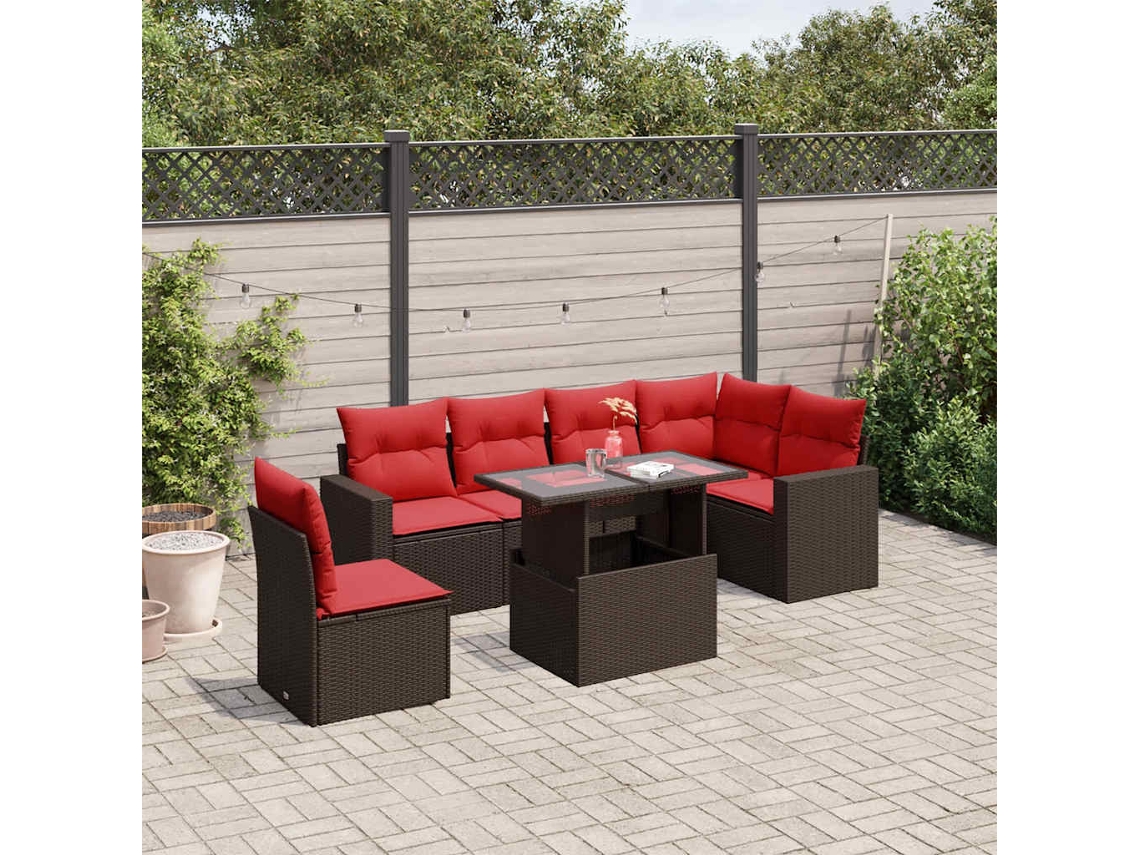 Vidaxl Conjunto De Sofá De Jardim Com 7 Peças E Almofadas Em Rattan Sintético Marrom
