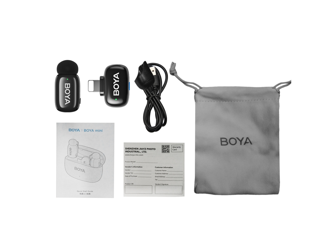 Microfone de lapela sem fio Boya Mini 2.4G com cancelamento de ruído, modificador de voz com IA e transmissão de 100 m para iPhone 14/13/12/11