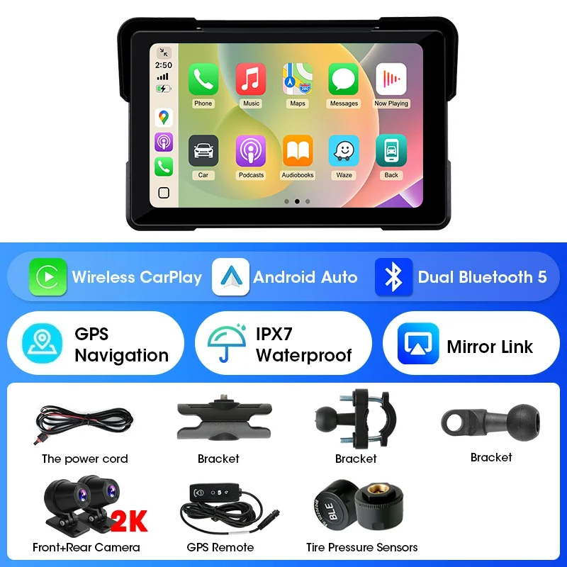 (dvr-tpms De 7 Polegadas) Navegação Para Motocicletas De 5 A 7 Polegadas, Carplay Sem Fio, À Prova D'água.