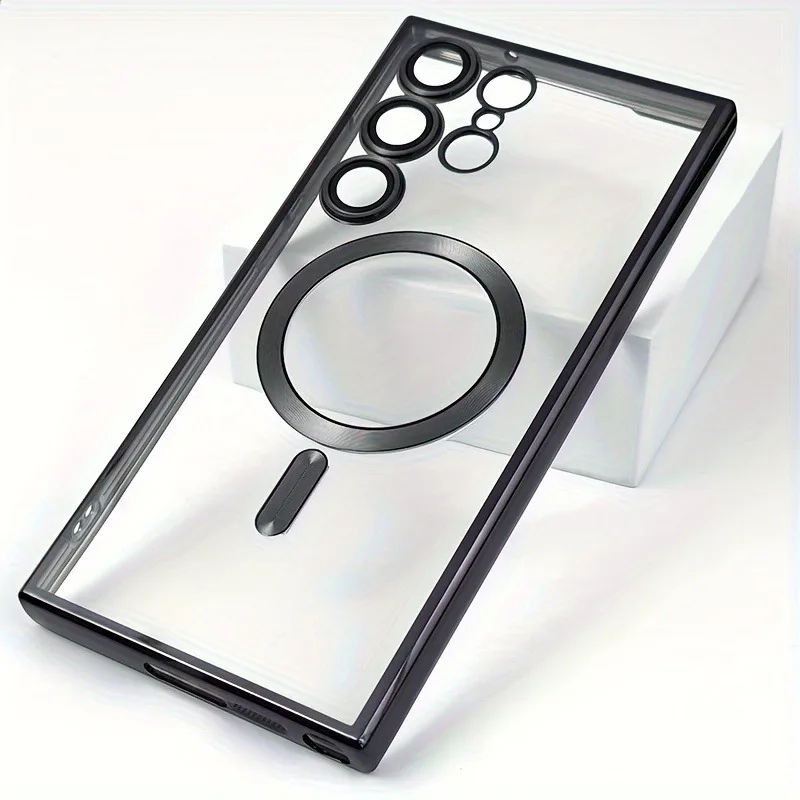 Capa Transparente Magnética Eletroplaqueada Para Celular Samsung (galaxy S24 Ultra Preto), Com Protetor De Lente Macio.