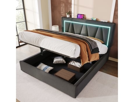Cama de Casal com Arrumação Estofada Led Função Carregamento Usb Tipo Iluminação EHSTMIND Preto (100x100x50cm)