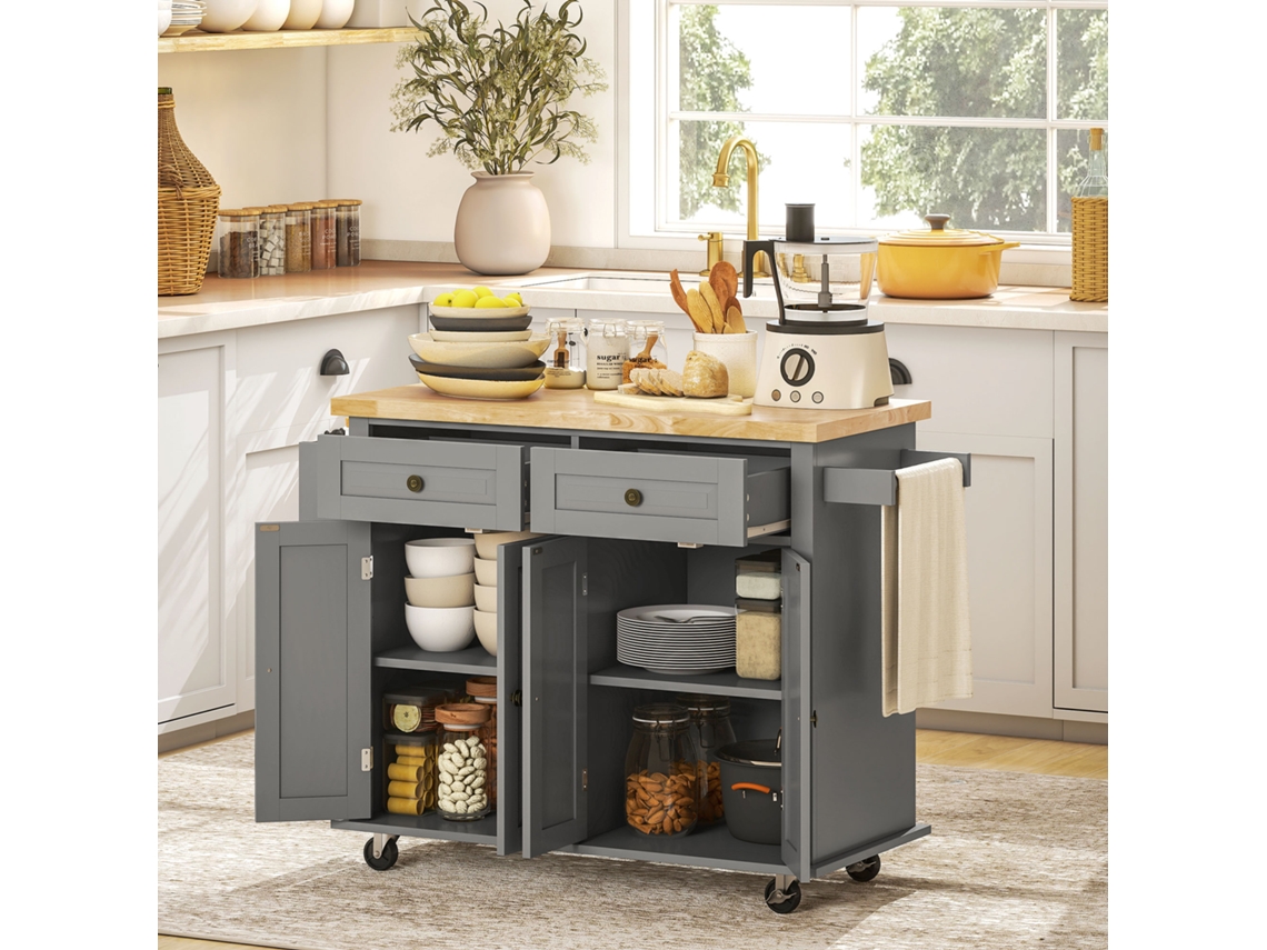 Cinza Cozinha Mesa Auxiliar Com Rodízios, Suporte Têmpera E Barra Lateral - 111x44,5x82,5 Cm