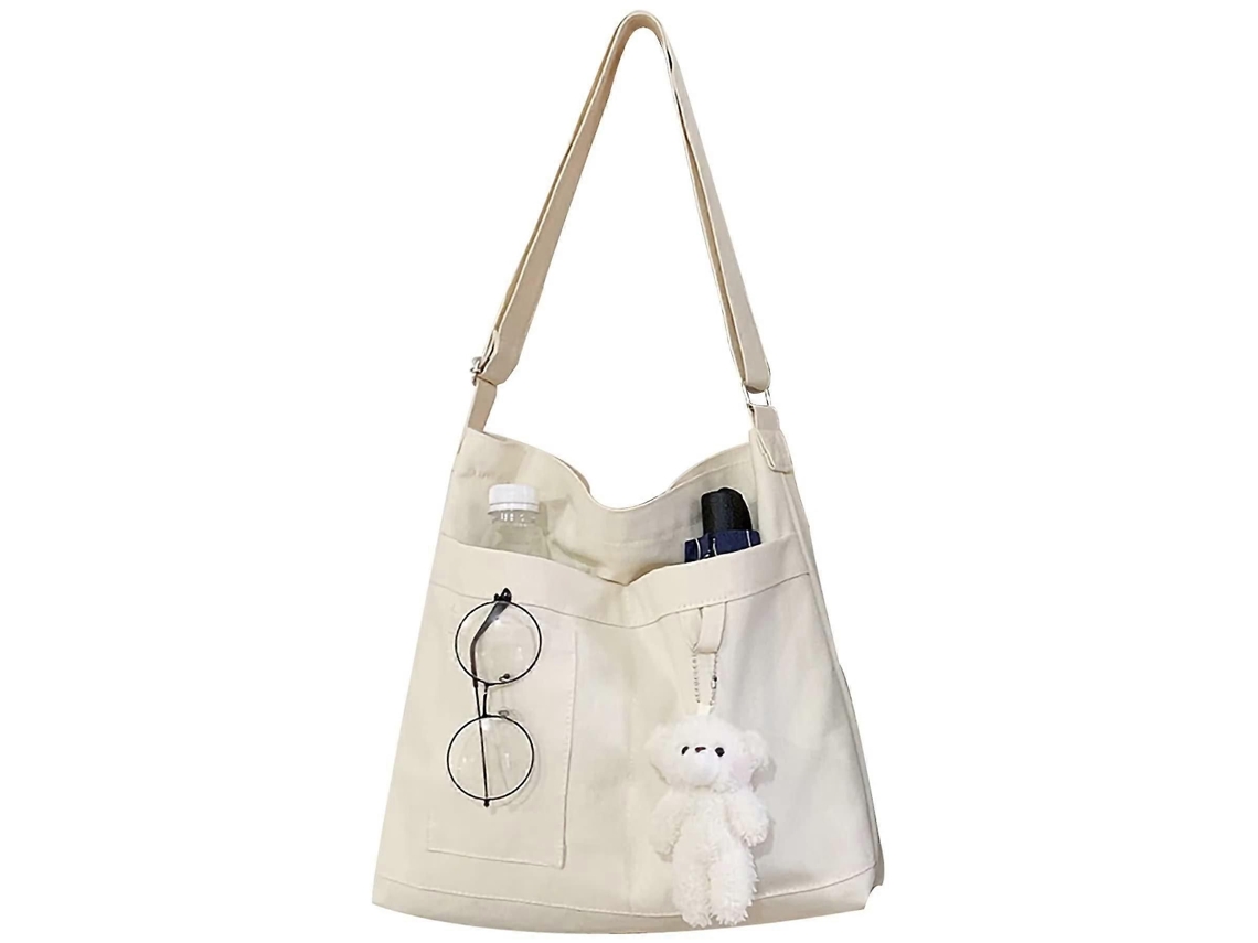 Bolsa de Ombro de Lona com Zíper, Reutilizável, Lavável, Transversal, para Praia, Dobrável, para Compras, Ecológica, Estilo Hobo, Branca. GOKOCO