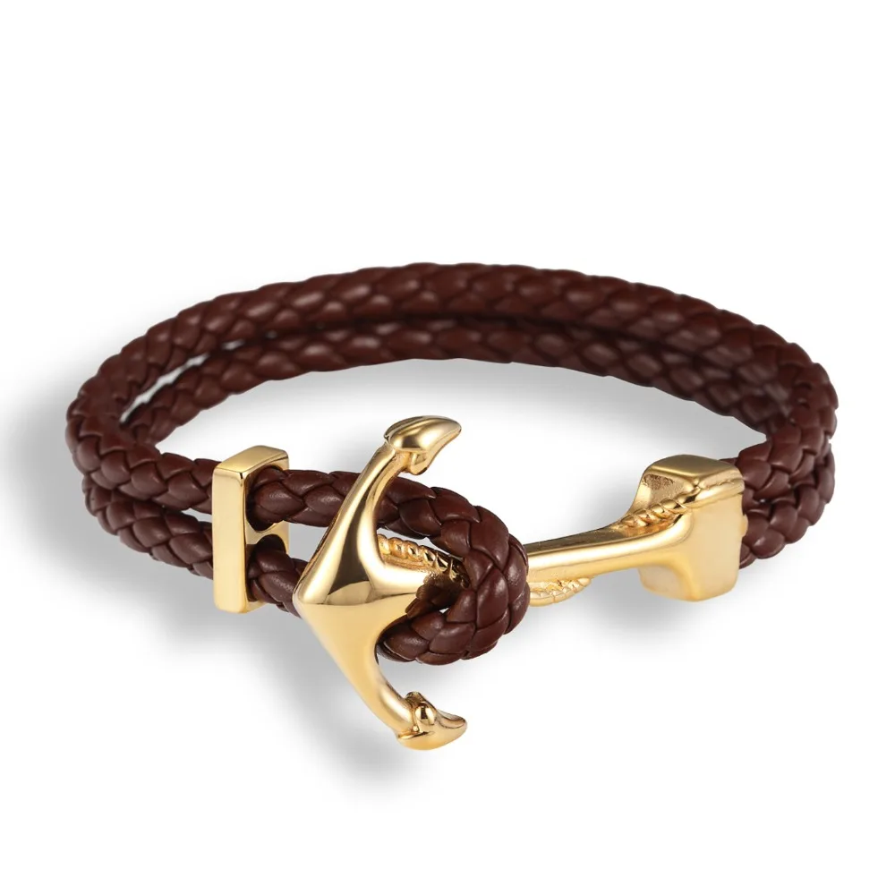 Pulseira New Hope Anchor em Couro Genuíno para Homens , com Pingente em Aço Inoxidável. MDUG (café Dourado, 19 Cm)